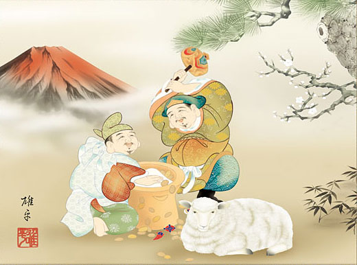 特価]希少 恵比寿様大黒様祝福舞掛軸 大黒 恵比寿 書 掛け軸」の人気