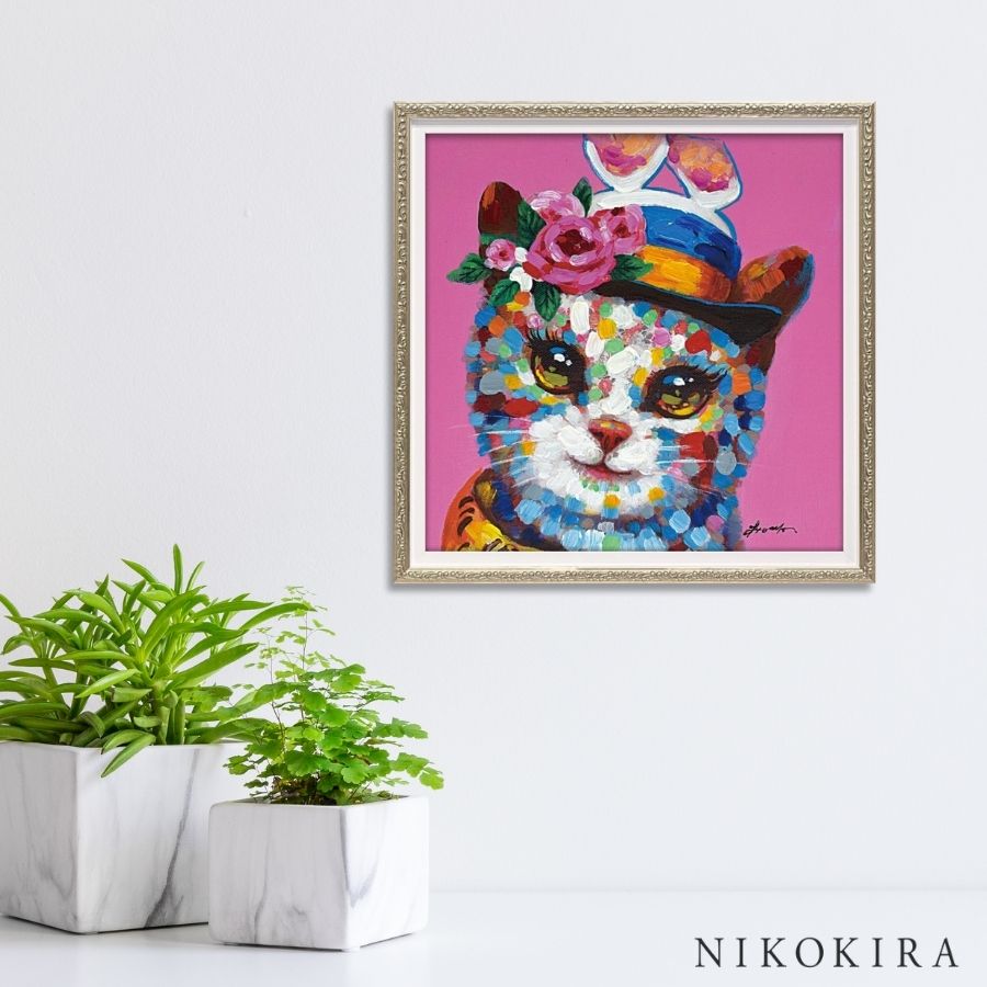 アートパネル 猫の絵画 フラワーキャット 40cmx40cm ネコ 猫顔 アート