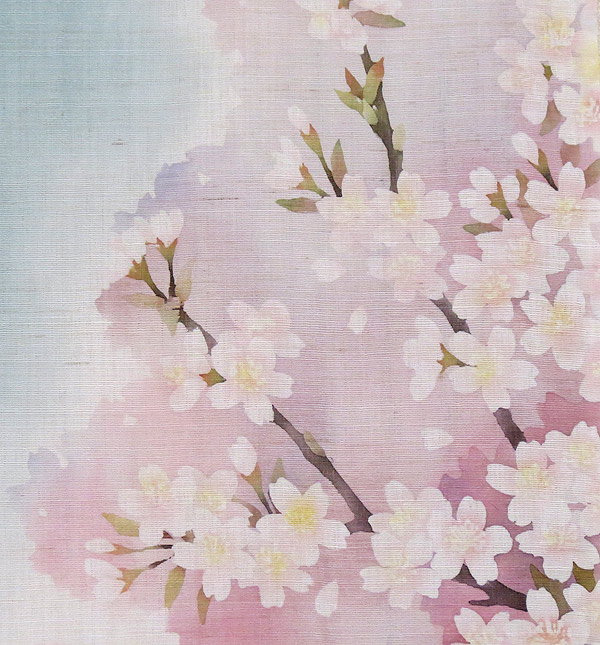 手描き麻暖簾【枝垂櫻】手染め 桜のれん 巾77×158cm 一点物