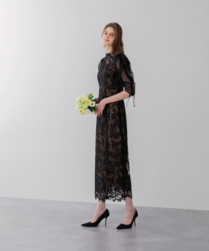 Leja シアー 刺繍レース プリーツスリーブ Iラインワンピース ドレス S