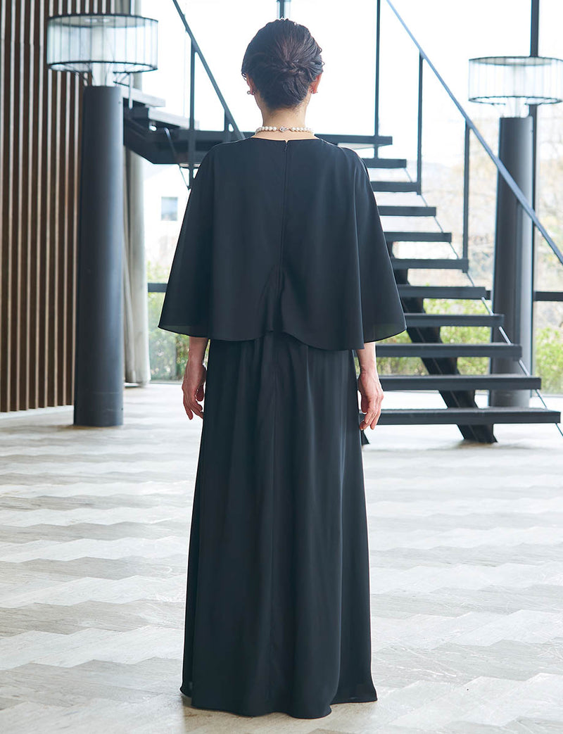 結婚式 母親ドレス 黒・マザーズドレスシフォン ケープ付き MD0411-BK