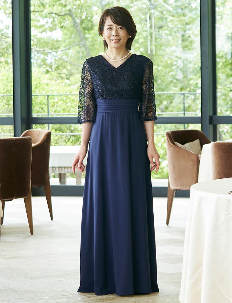 結婚式 母親ドレス・マザーズドレス MD0217-1-DNY ネイビー レース袖