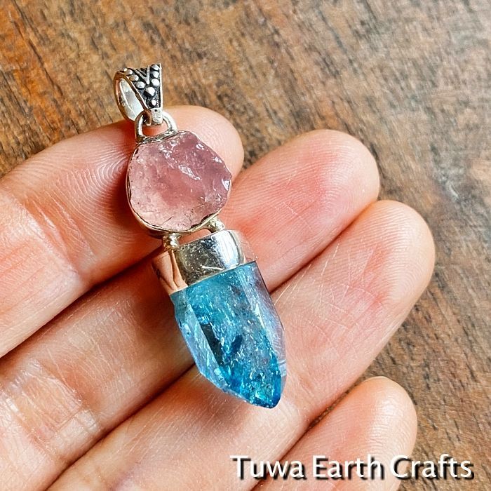 1点物☆高品質アクアオーラクォーツ原石＋ピンクトルマリン原石