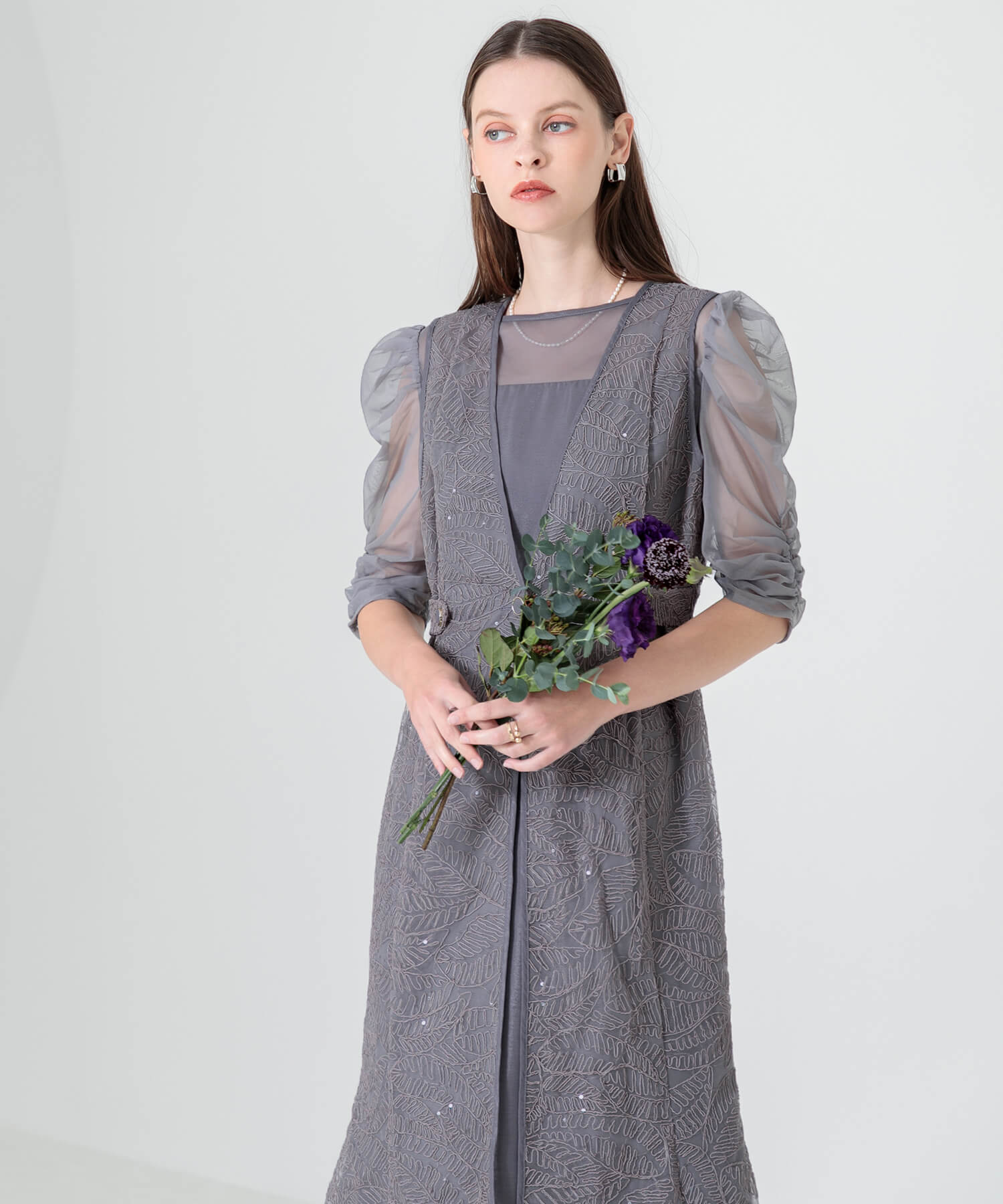 刺繍レースウエストサイド釦マーメイドシルエットジャンスカロング丈