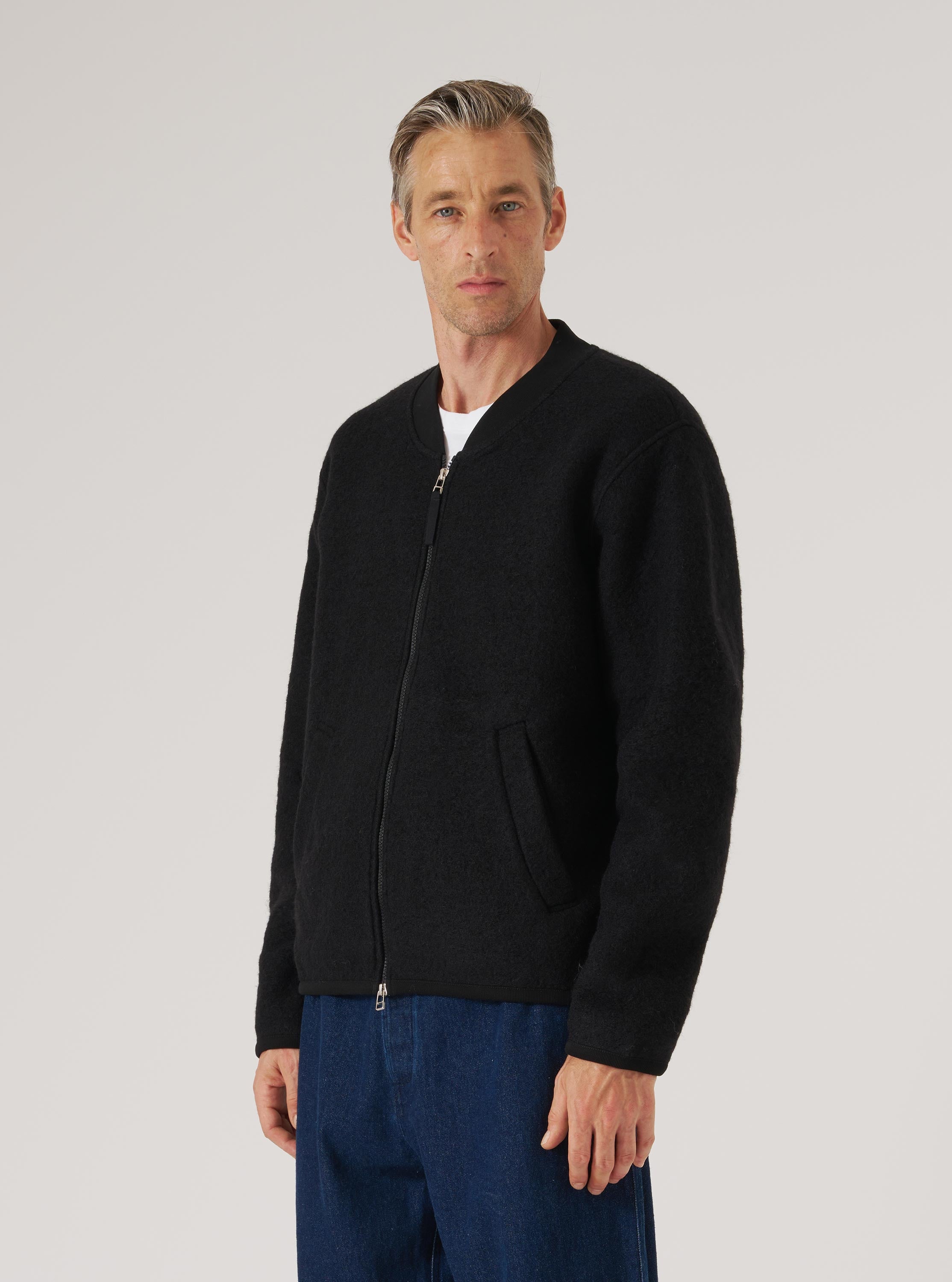 Black Wool Fleece Zip Bomber – Universal Works