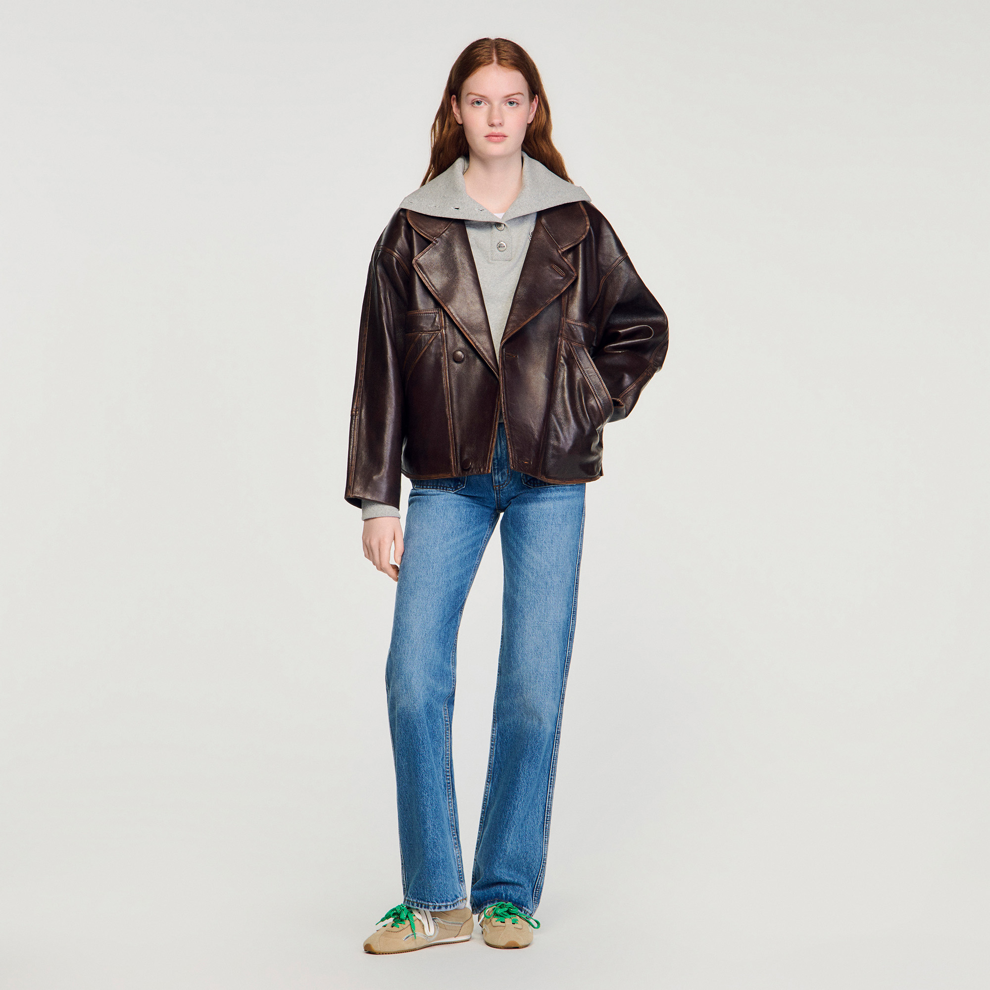 Oversized leather jacket brown For Women | Sandro Paris