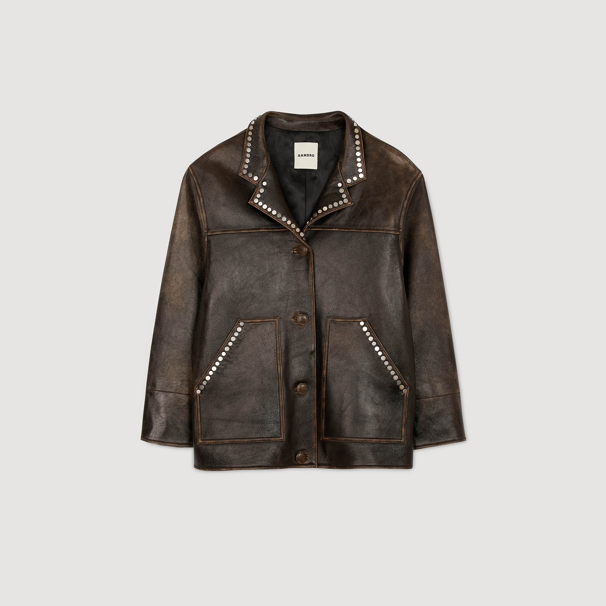 Oversized leather jacket with studs brown For Women | Sandro Paris