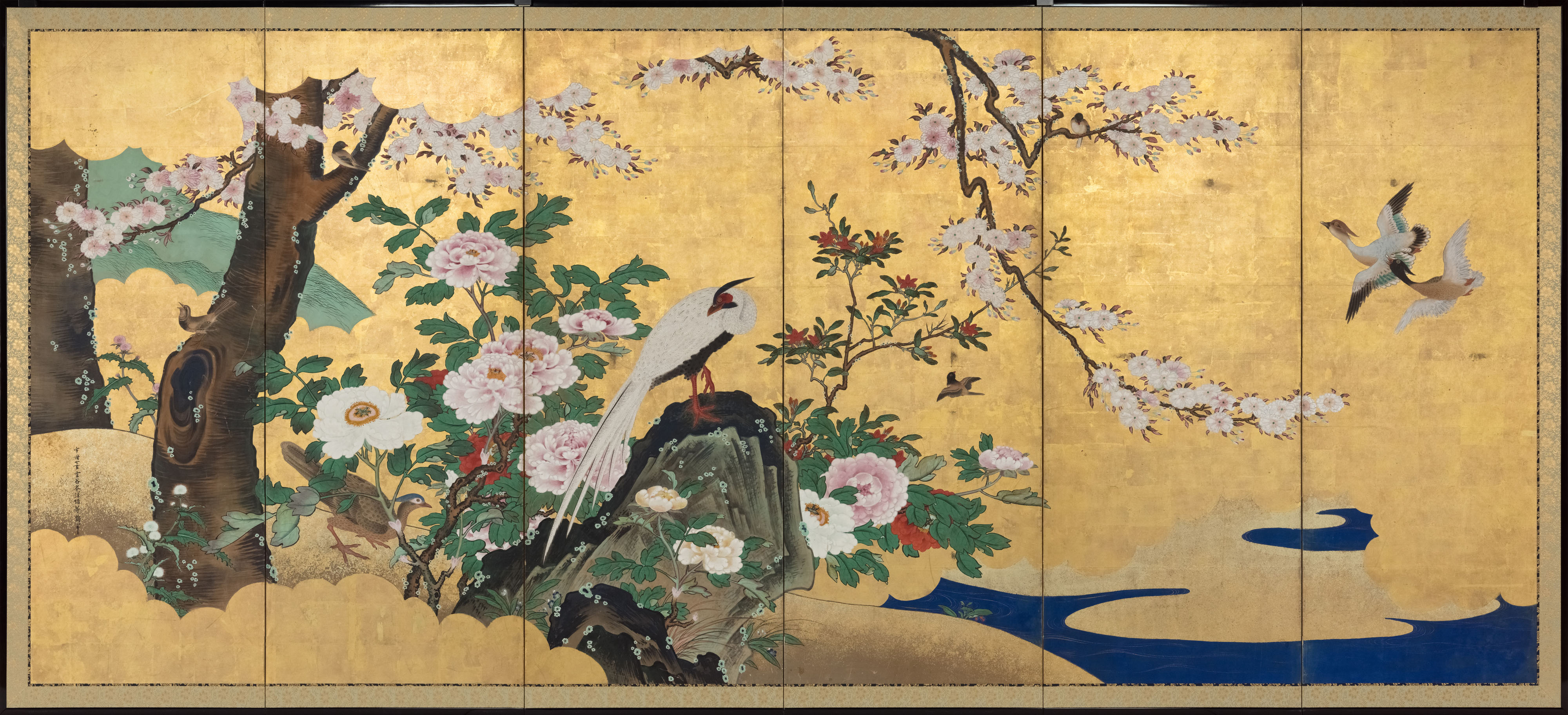 中国画 花鳥図 木枠扁額 【 牡丹に小禽図 】 落款名無 作者不詳 中国画