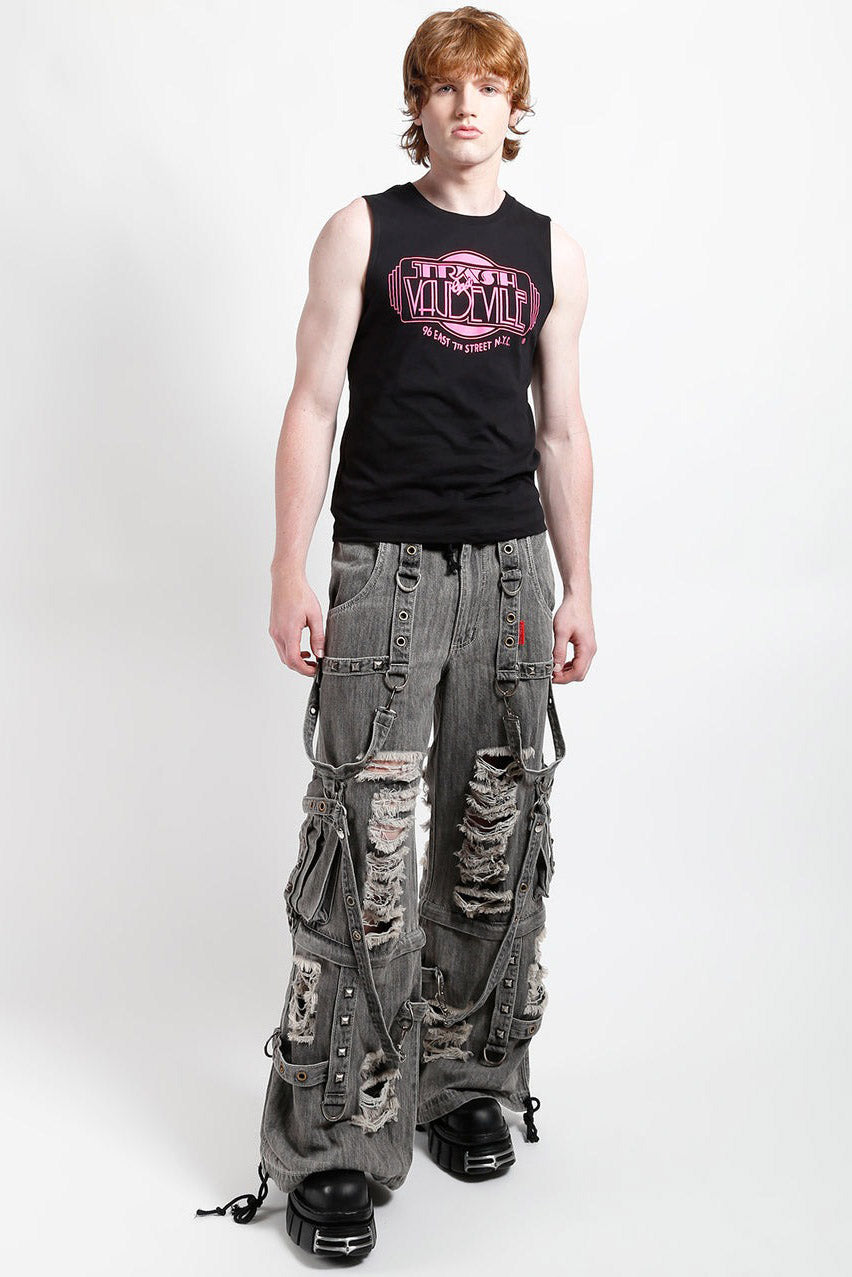 Tripp NYC Shredded Denim Strap Pants [BLACK DENIM] – VampireFreaks