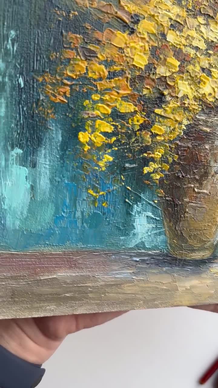 ミモザのインパスト画：オリジナルの花のアート、黄色の花（8x8インチ