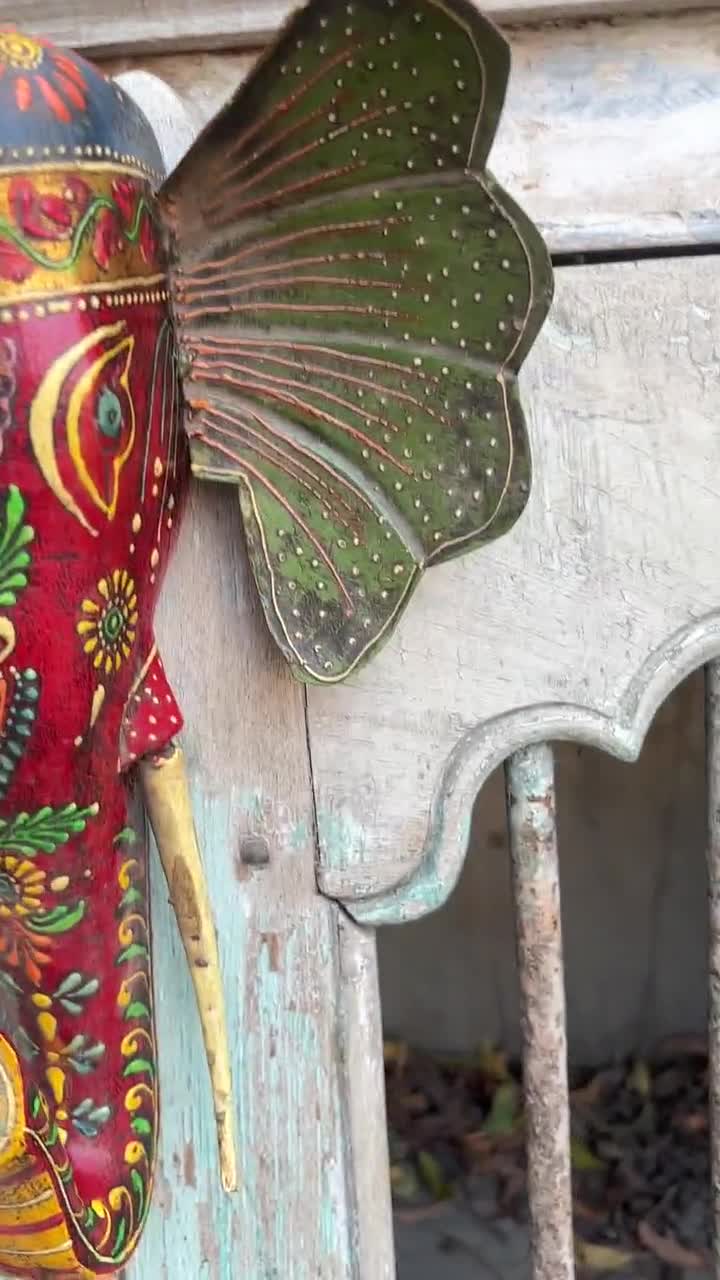 象の壁飾り、手刷りの木製象の頭像、壁掛け動物の顔、民族手工芸マスク