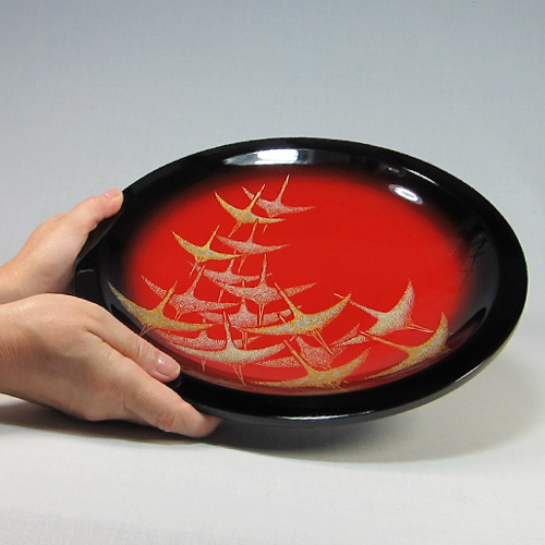 浮世絵風彫刻の漆器皿 飾皿（小判型）風神雷神沈金 143,000円（税込