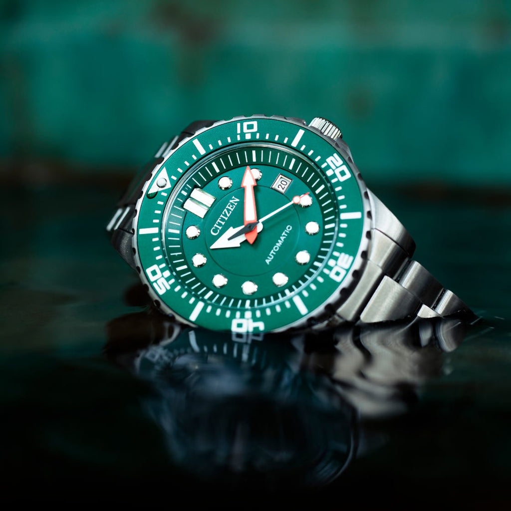 Citizen Promaster Mechanical Green Dial Silver Steel Strap Watch