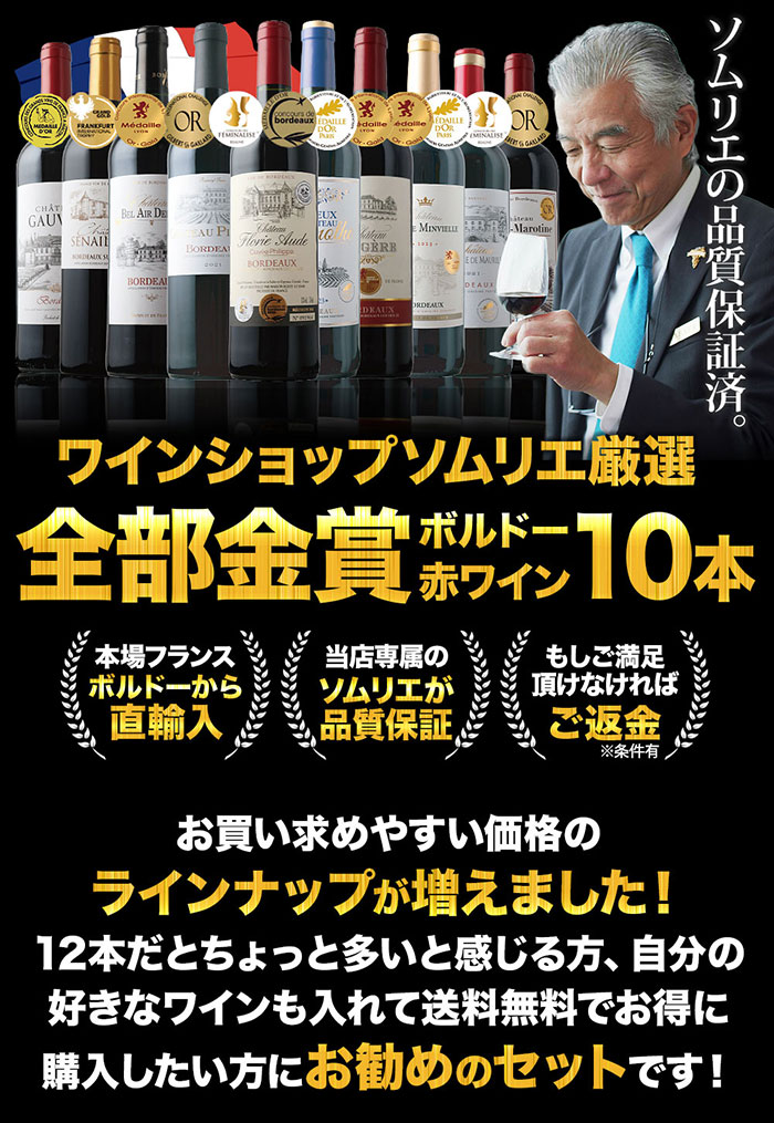 全部金賞ボルドー赤ワイン10本セット 送料無料 赤ワインセット「11/20