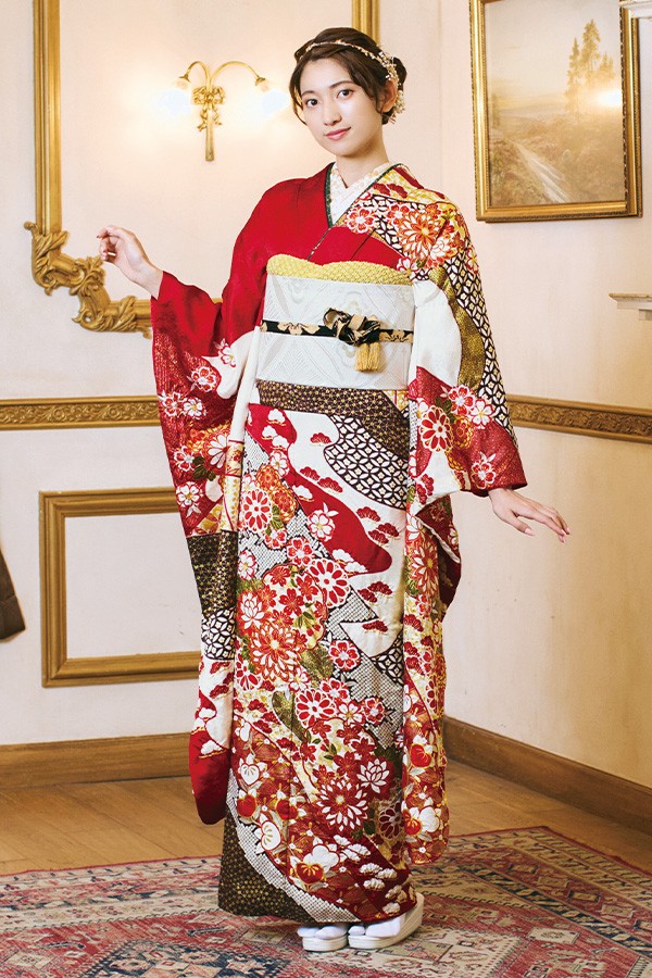 総絞り 金駒刺繍 扇 青海波 道長取り 振袖 成人式 着物 024a p 【公式