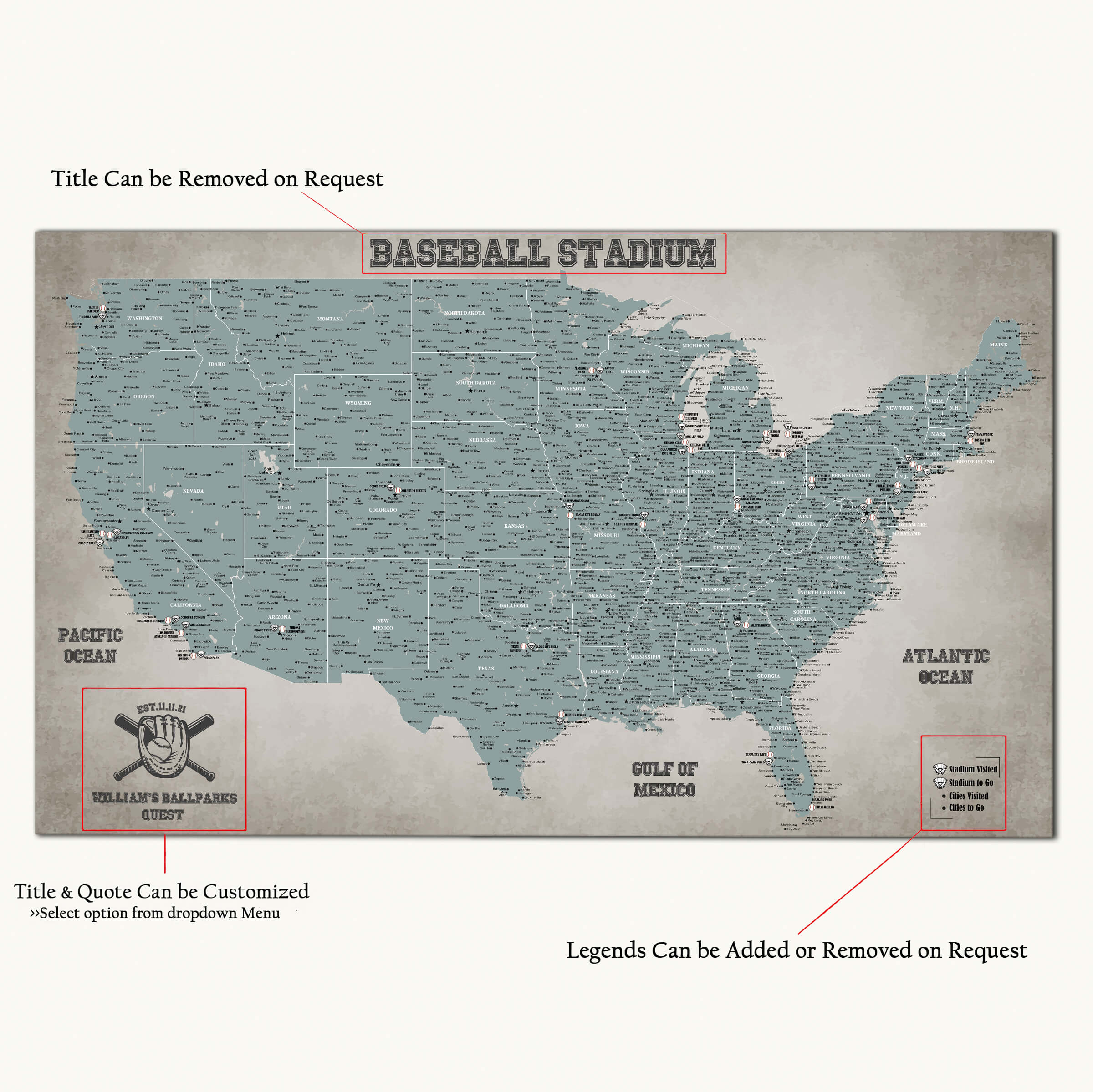 Custom Baseball Stadiums Map | MLB Ballparks Map with Push Pins