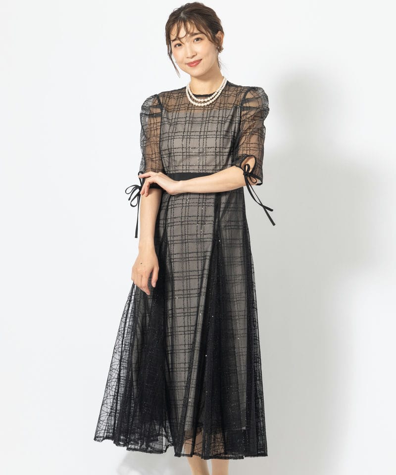 lejaスパンコールドレス☆ Leja チェックスパンコールリボンワンピース