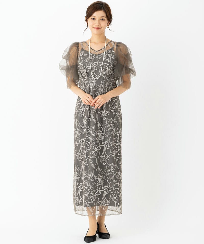 Dorry Doll フラッフィースリーブペンシルドレス チャコールグレー