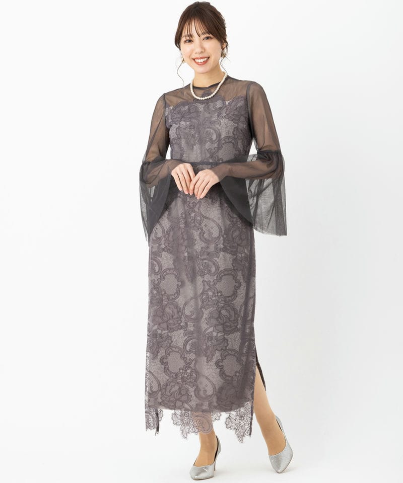 LEJA グレー レース ドレス LEJA オフショルダー パーティードレス
