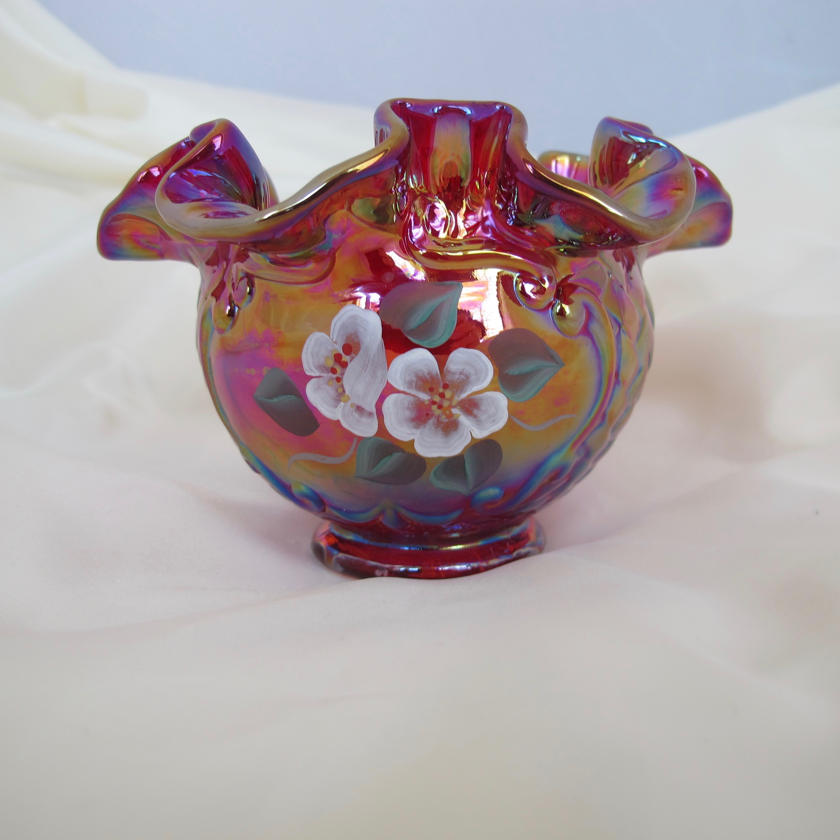 Fenton Red Painted Flowers Iridescent Art Carnival Glass Vase