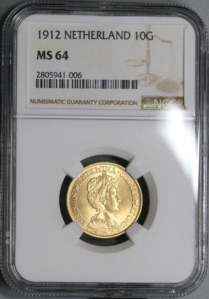 1912 NGC MS 64 Netherlands Gold 10 Gulden Wilhelmina Coin