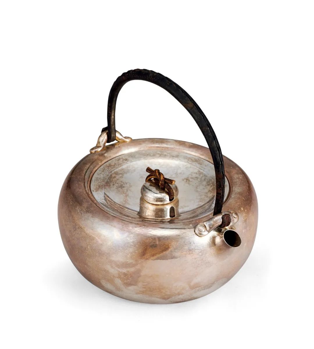 純銀製 青銅器紋 口打出 玉摘 湯沸 銀瓶 煎茶道具 純銀製