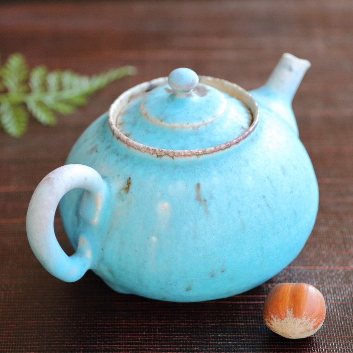 山田想 青後手急須 満容量170ml 常滑焼煎茶ティーポット 作家もの煎茶