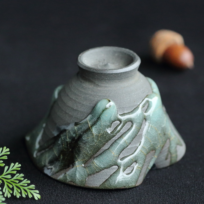 浦口雅行 青窯 花器 陶器 青色 木箱付き 浦口雅行 青窯 花器 陶器 青色