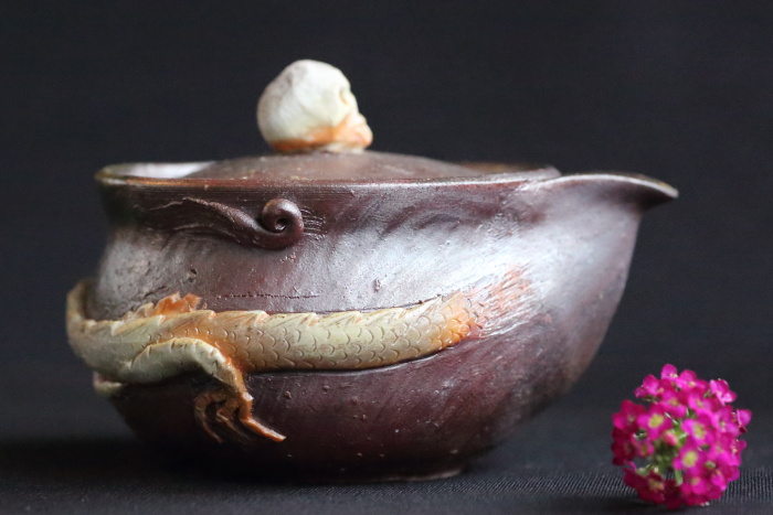 大森輝彦 ガイコツ龍宝瓶 手びねり備前焼煎茶器 登窯焼成焼〆急須 満