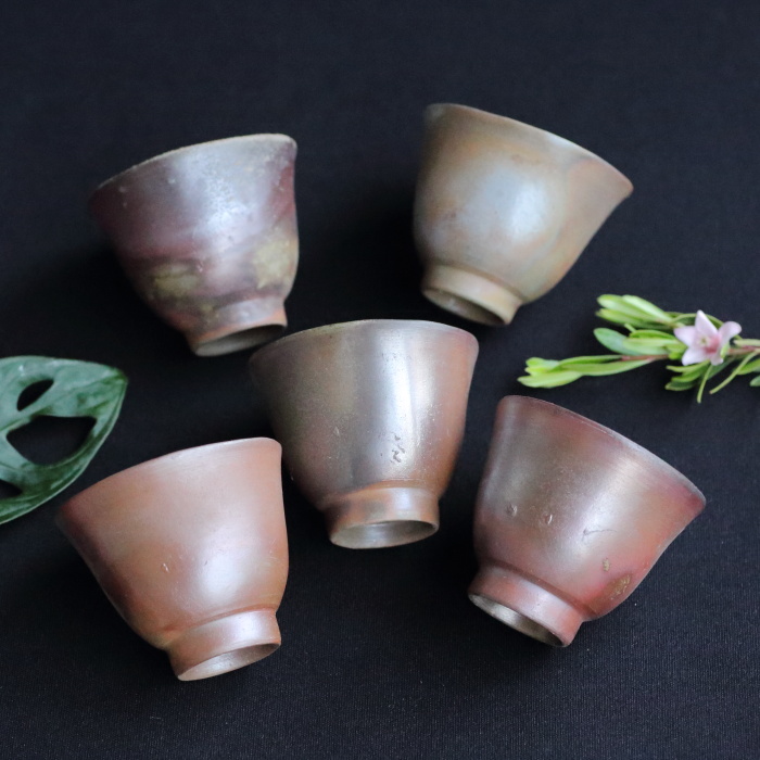 大森輝彦 煎茶碗5個セット 備前焼煎茶器 作家もの茶杯 上煎茶玉露茶