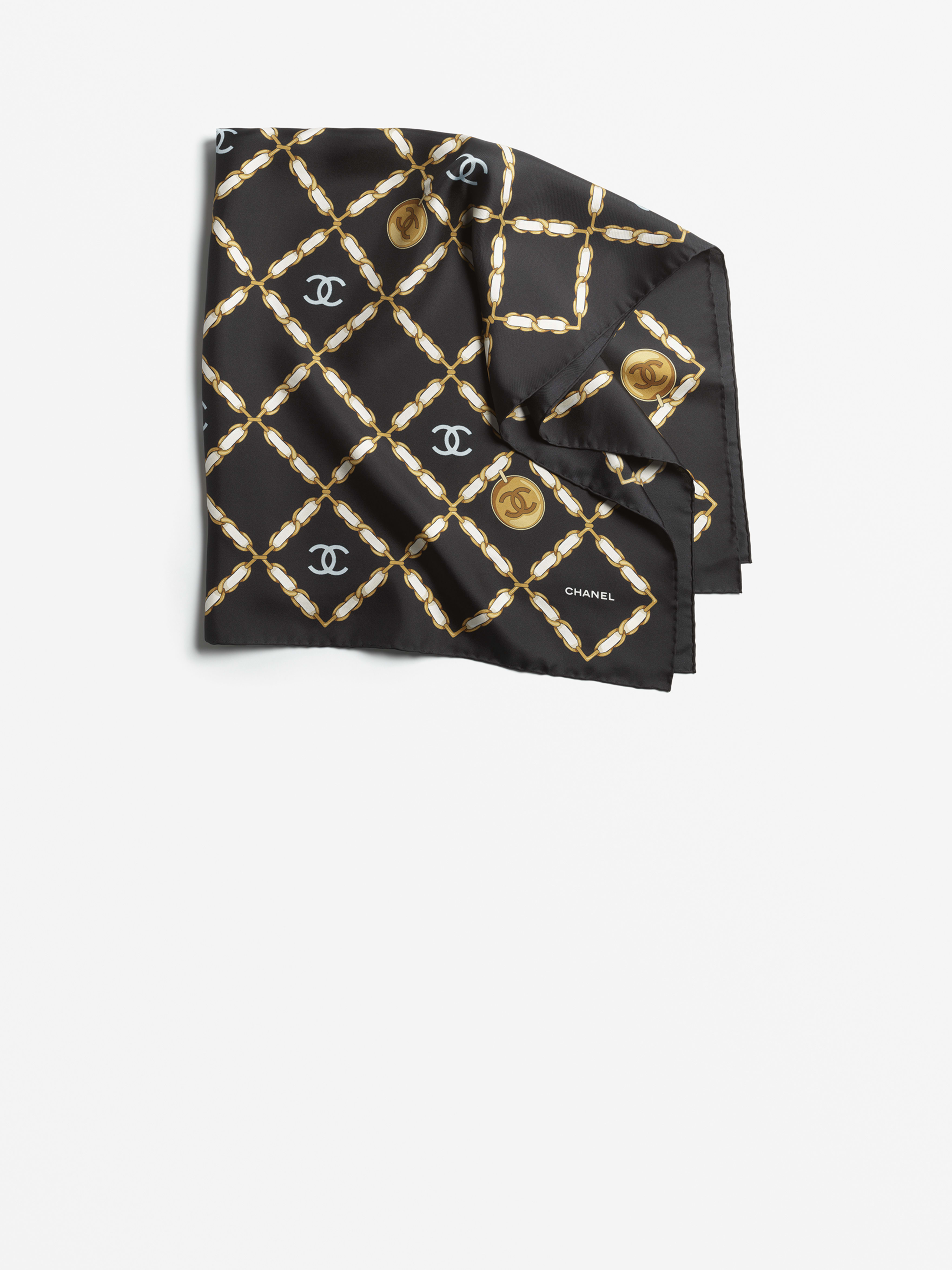 スカーフ - シルク ツイル、ブラック、ホワイト、ゴールド & ライト