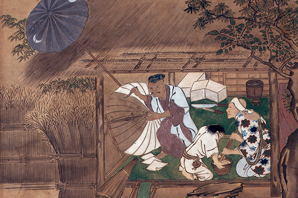 額装正絹染め江戸時代風俗絵「職人尽絵・機織図（しょくにんづくしえ