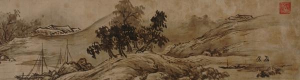 雪舟筆 等楊 山水画 行書 掛軸 肉筆 紙本 解説書付き 2重箱 日本古美術