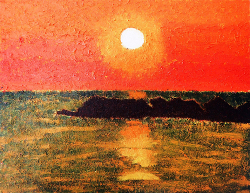 題名夕焼けの海、作者 Kim 、版画No．8/100です。 題名夕焼けの海