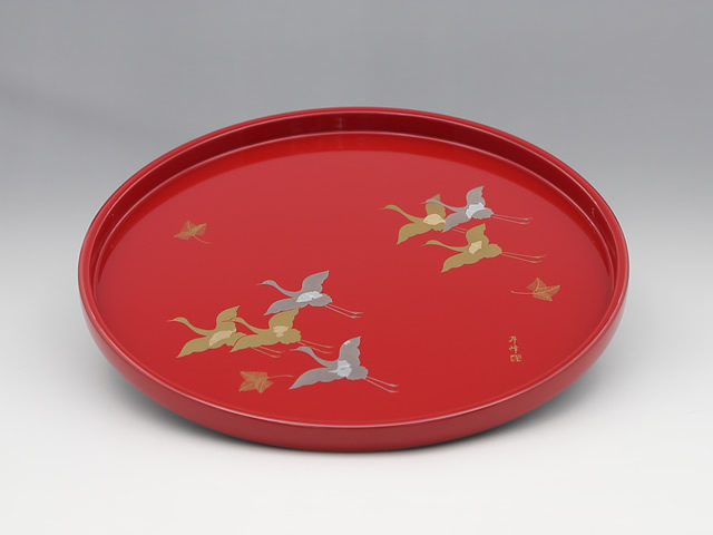 天野漆器株式会社 | 100丸盆 蒔絵 鶴 朱