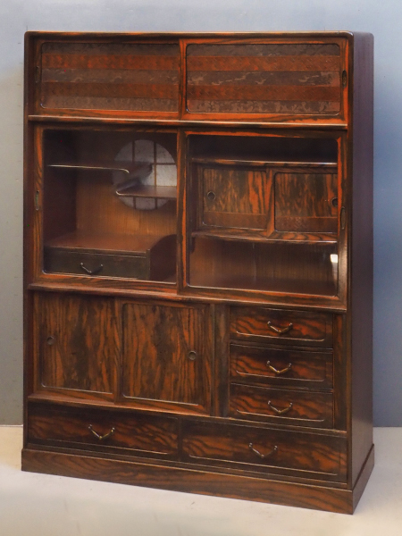 竹模様の木製茶箪笥 茶箪笥 日本製 ケヤキ 黒柿 大正昭和レトロ