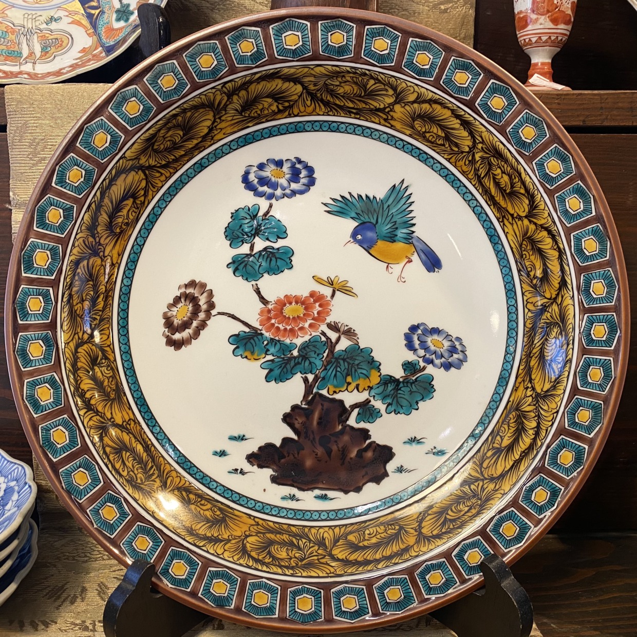 古九谷 九谷焼 吉田屋釜 花鳥鶏図 大鉢 金魚鉢 直径38.5㎝ BK139 古