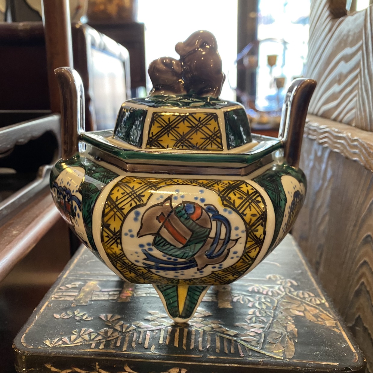 九谷焼 香炉 こぼし 花詰 鏑木 九谷鏑木 蔓草文 魚文 明治九谷 1客