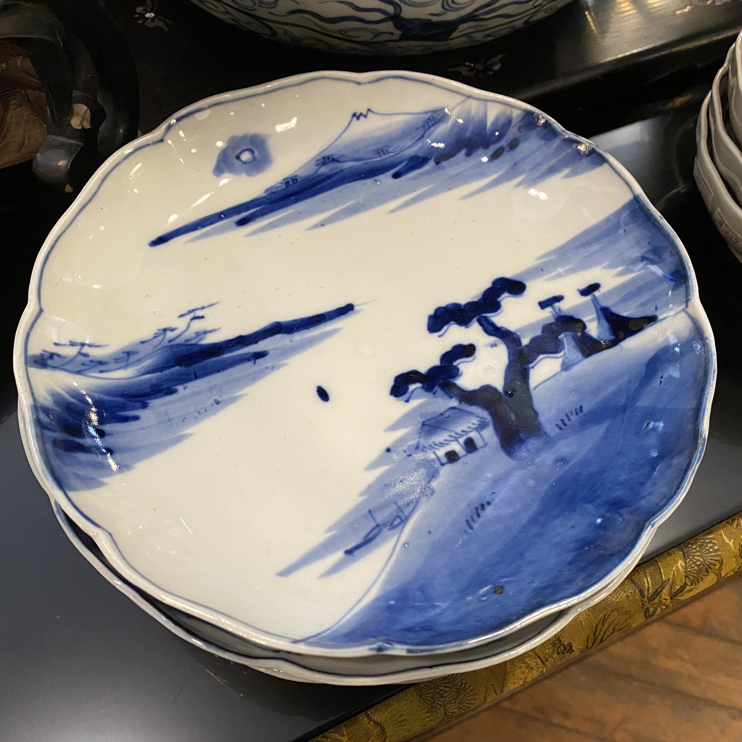 古伊万里 有田焼 青白い風景画の陶器皿 五客 印 アンティーク 江戸時代 青