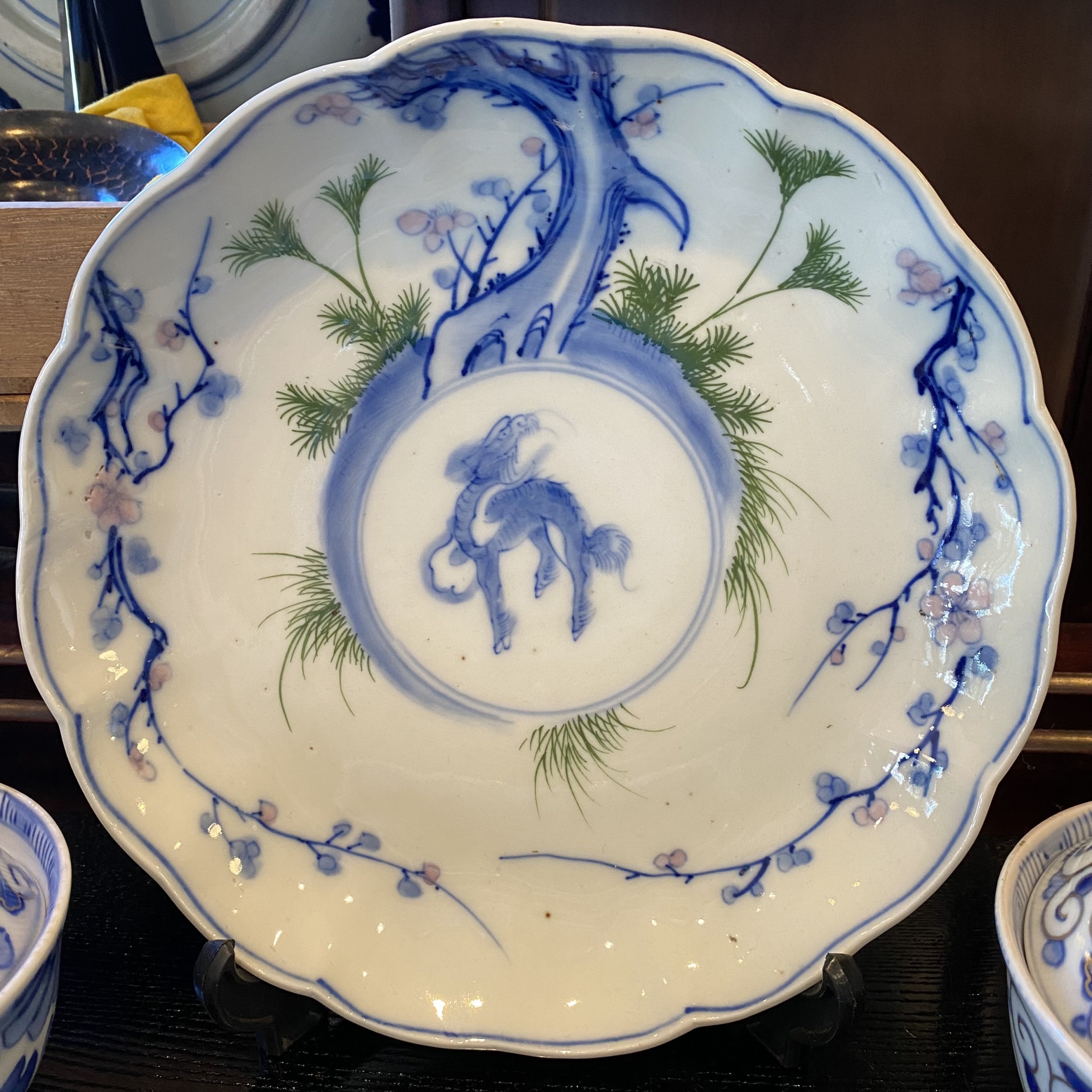 染付 線描き花文・麒麟図 七寸皿 六枚 径21．5cm】古