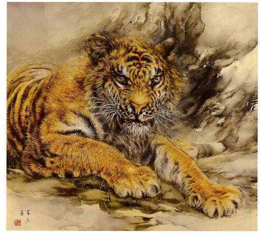 昭和レトロ 絵画 虎の掛け軸風 額入り アート 骨董品 インテリ 昭和