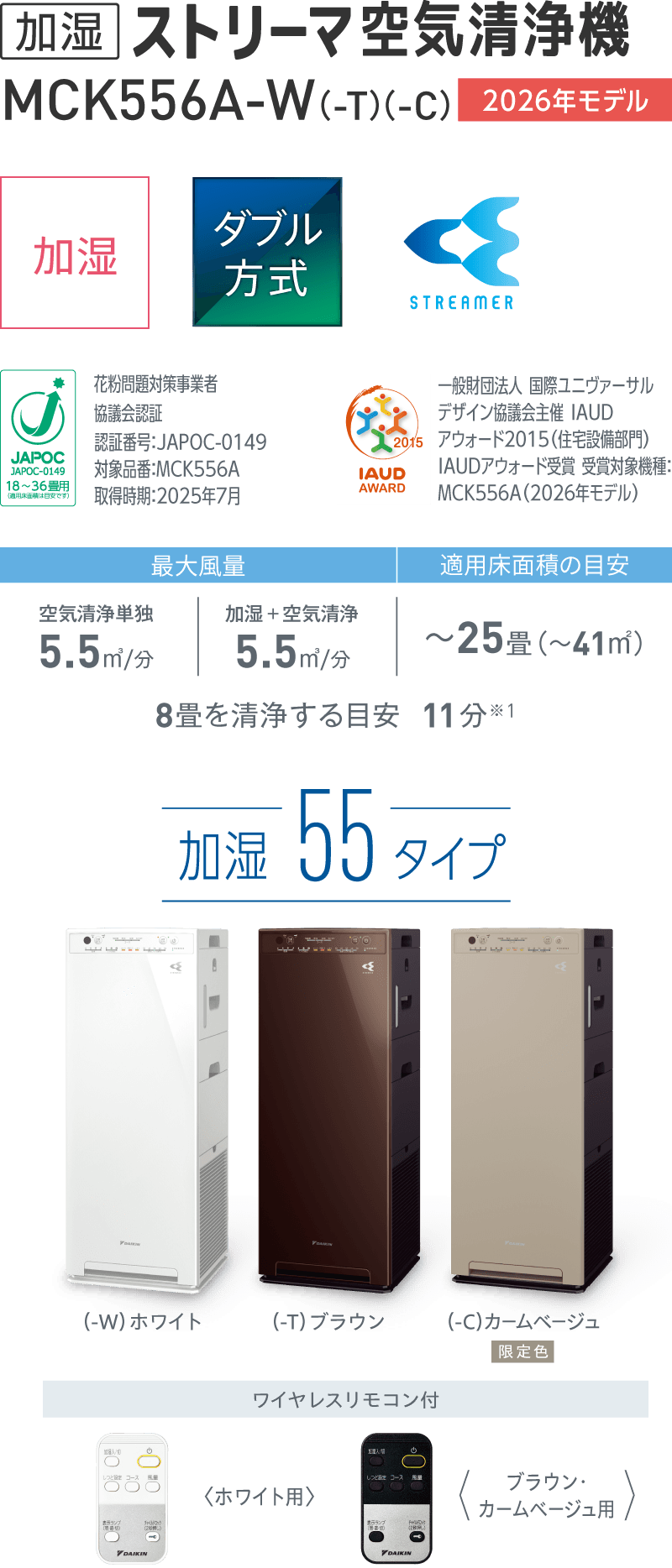 MCK556A 製品情報 | 空気清浄機 | ダイキン工業株式会社