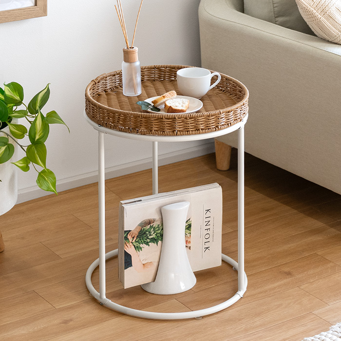 Casamia バンド・ウッドホワイトラタン サイドテーブル 即購入○ た