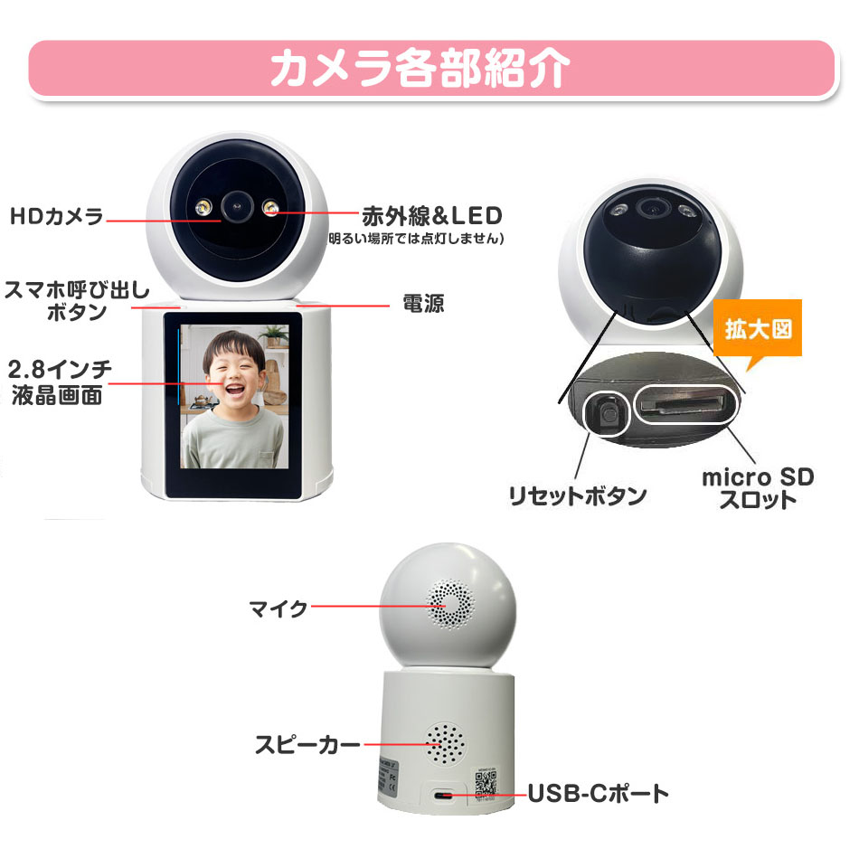 見守りカメラ 大画面モニター付き ペットカメラ ベビーカメラ 監視