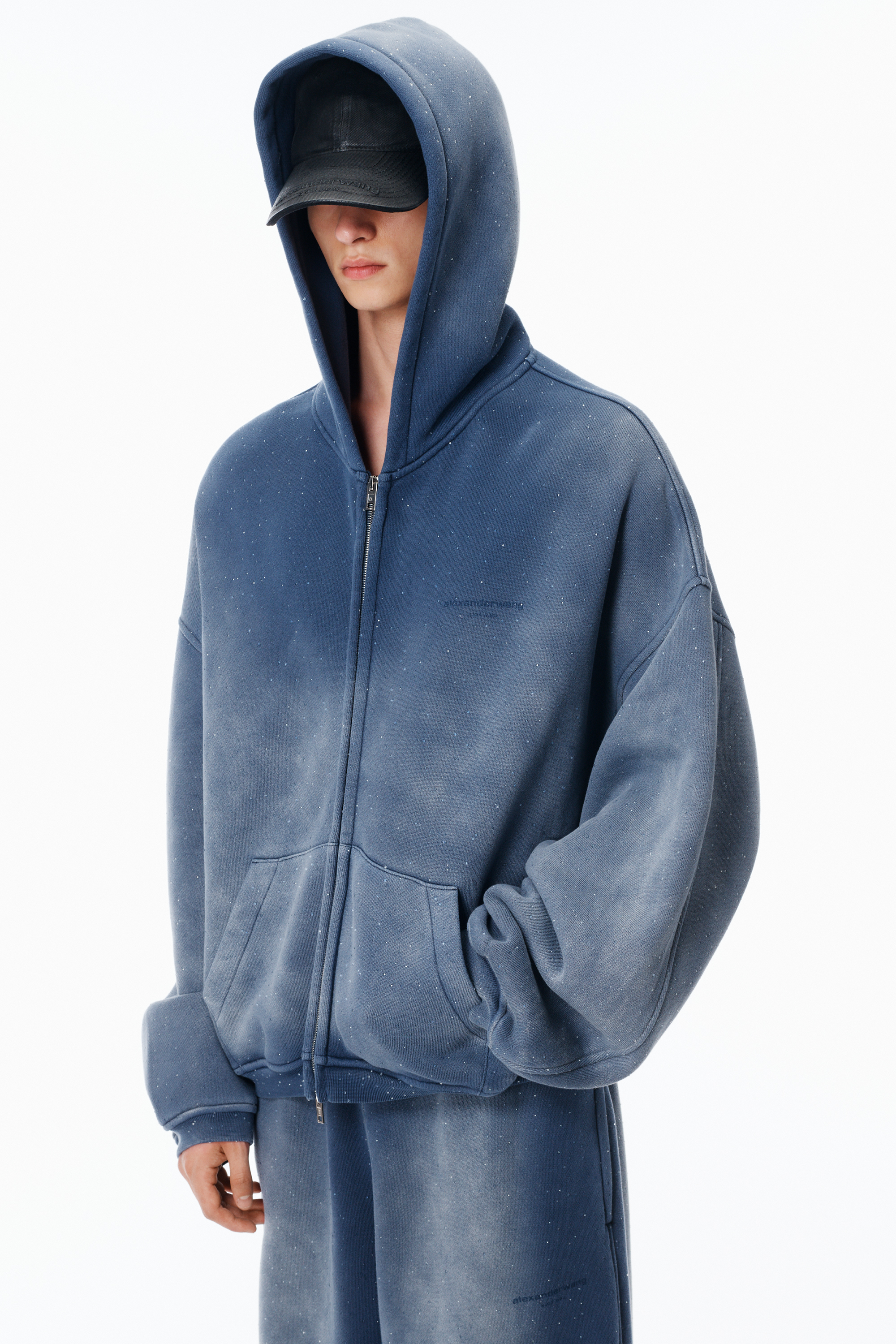 Unisex Crystal Hotifx Zip-Up Hoodie in Cotton Blend in WASHED NAVY