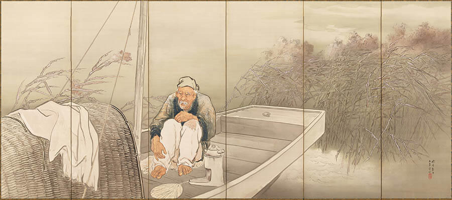 橋本関雪 青江水暖図 ( 春江水暖図 ) アート 掛軸 彩色 風物画 近代