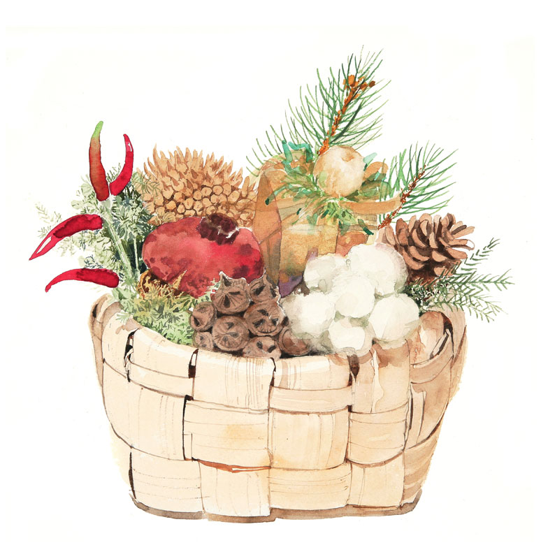 フラワー 花の絵 絵画 赤 バスケット ブラウン 茶色 水彩画の版画