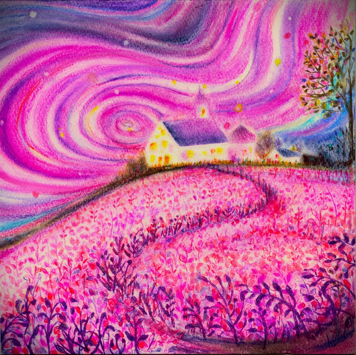 桃色の記憶と花畑F8 キャンバスアクリル画