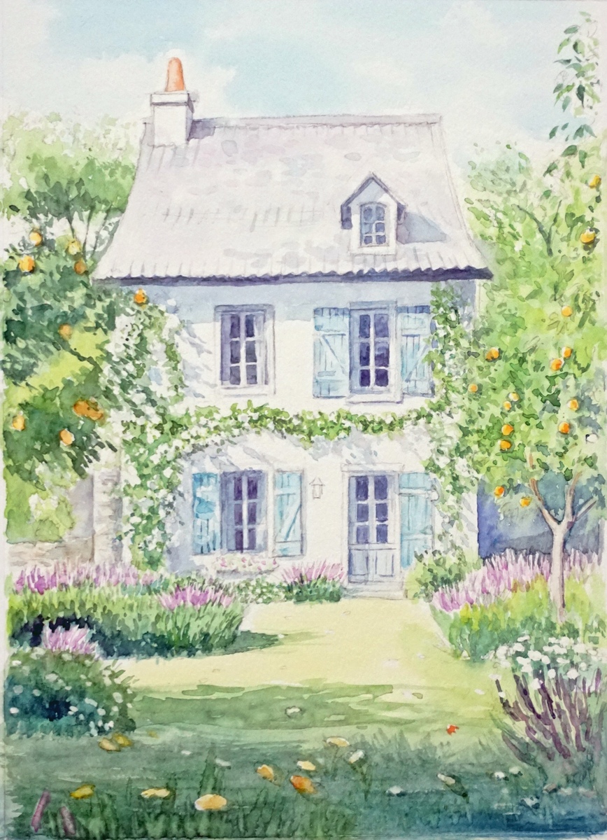 3軒の家の風景画（水彩画）（720×630） 3軒の家の風景画（水彩画