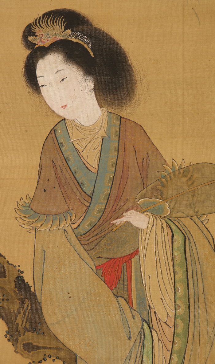 真作】天斎/唐美人に蝶図/美人画/美人図/掛軸/名家伝来/AC-188 真作